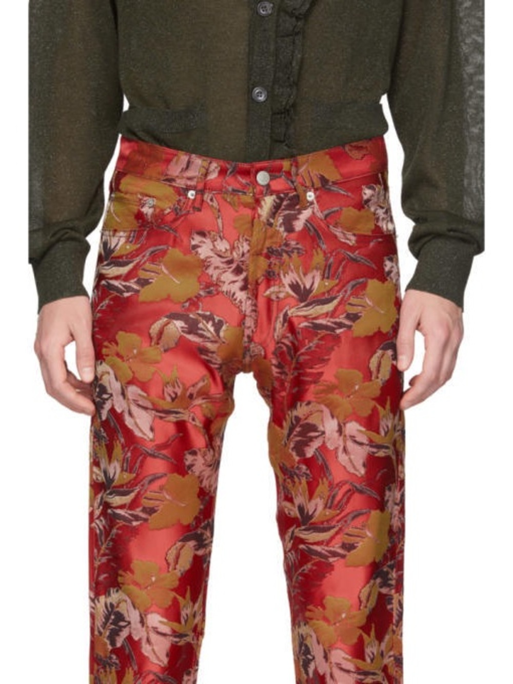 Dries Van Noten Jacquard Red Floral Print Panna Pants Jeans